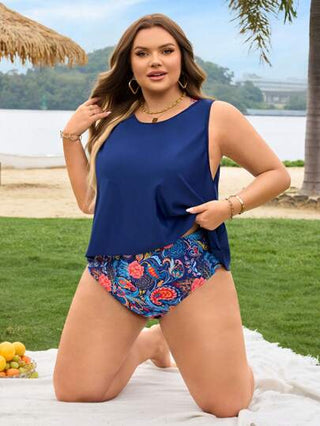SHEIN CURVE+ طقم بيكيني محافظ مطبوع بطريقة بوهيمية عتيقة 3 قطع للمرأة البدينة