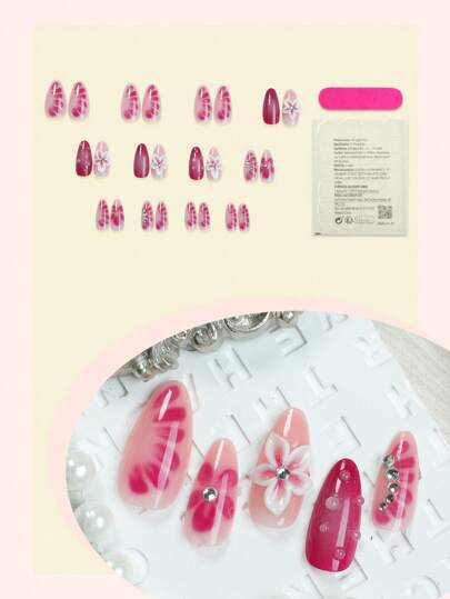 24قطعة أظافر لاصقة يدوية صناعة طويلة نوع لوز بلون أحمر وردي كامل الغطاء مع زخارف يدوية ثلاثية الأبعاد من الأزهار والموجات المائية ، سهلة الارتداء طقم أظافر مزيفة لامعة للنساء والفتيات للاستخدام اليومي