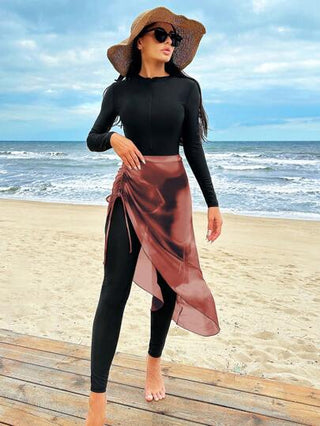 Swim Shayni زي سباحة حريمي أحادي اللون بأكمام طويلة وسحاب، مع طقم غطاء صباغة التعتيق المطابق وتنورة قصيرة بيكيني