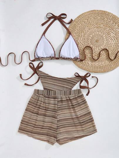 Swim Lushoire طقم بحر حريمي مقاسات كبيرة 3 قطع، ملابس علوية بوجه مربوط من ملابس علوية مع كوبات مثلثة وسروال قصير ملائمة بالإضافة إلى إيتوان، للاستخدام في الشاطئ والعطلات