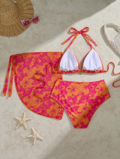 Swim Mod مجموعة من 3 قطع للنساء ذوات الأحجام الكبيرة، بكوميز زهري والبرقع وتنورة، بدلة السباحة للشاطئ