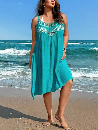 Swim Lushoire فستان كامي شبكي صيفي بدون أكمام مزين براقعة كروشيه للسيدات البدينات