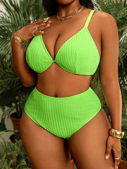 Slaydiva طقم بيكيني حجم كبير للنساء 3 قطع، بنقشة لون أحادي من قماش خاص مع حمالة صدر معدنية، قطعة علوية نفّاثة و سروال مثلث وتنورة قصيرة، ملابس سباحة أنيقة وجذابة لقضاء عطلة شاطئية