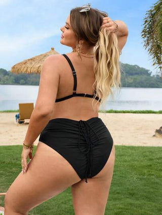 SHEIN CURVE+ بوسط سوداء اللون صلبة وسحاب للسيدات ذوات الحجم الكبير أسفل ملابس السباحة الشاطئية