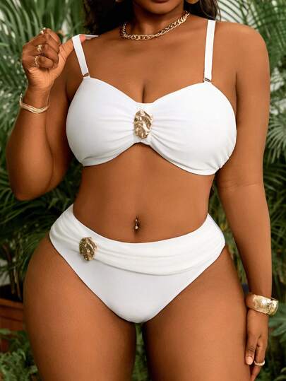 Slaydiva طقم بكيني منفصل للسيدات مقاسات كبيرة، قطعتان بلون أبيض، علوي مثلث وسفلي، ملابس سباحة