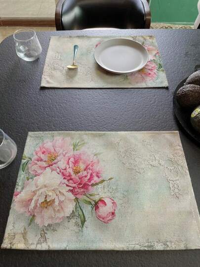 1 قطعة/ 4 قطع/ 6 قطع بطانات طاولة كلاسيكية ذات طابع قديم مزينة بطبعة الفول السوداني الوردي والدانتيل، مصنوعة من بوليستر قابل للغسيل مناسبة لطاولات الطعام والمطبخ وحفلات المناسبات، مثالية لديكور المنزل وتنسيق طاولة المناسبات، مصنوعة بشكل متين