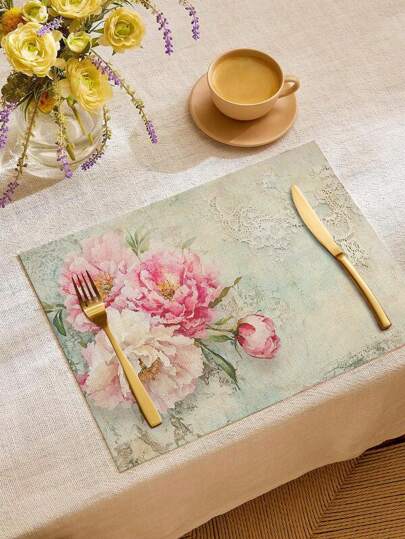 1 قطعة/ 4 قطع/ 6 قطع بطانات طاولة كلاسيكية ذات طابع قديم مزينة بطبعة الفول السوداني الوردي والدانتيل، مصنوعة من بوليستر قابل للغسيل مناسبة لطاولات الطعام والمطبخ وحفلات المناسبات، مثالية لديكور المنزل وتنسيق طاولة المناسبات، مصنوعة بشكل متين