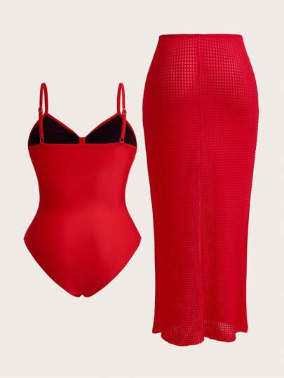 Swim Oasis 2 قطعة بدلة سباحة تانكيني للسيدات ذوات الحجم الكبير، قماش أحمر مطوي بحمالات رفيعة