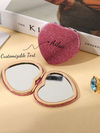 قطعة واحدة من المرآة القلب المرصعة بالبريق والقابلة للتخصيص بنصوص، مرآة مكياج محمولة ذات مرآة قلبية صغيرة من الجانبين، مرآة قابلة للطي مناسبة للخارج والمدرسة والمناسبات والهدايا وغيرها