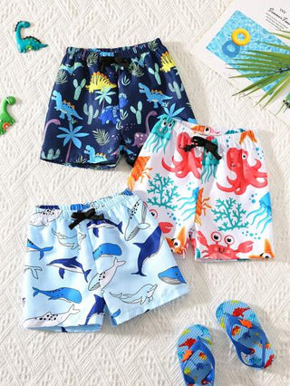 مايوه أولادي 3 قطع/مجموعة سروال سباحة للأطفال الصبية بطبعات لطيفة لشعار القرش والديناصور والمحيطات، مناسب للخروجات والسفر والاستخدام في مسابح السباحة والشاطئ والتزلج على الأمواج، مناسب للربيع والصيف