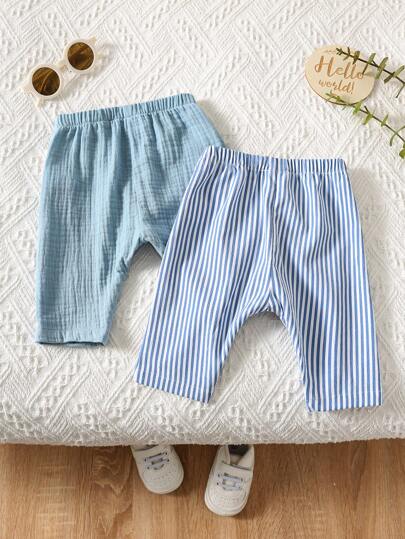 SHEIN 2 مجموعة/ مجموعتان من بودي سوت أزرق وأبيض مخطط وبناطيل أزرق طويل للطفل حديث الولادة جنسين، ملابس يومية مريحة، مناسبة للارتداء الداخلي والخارجي، اليومي، الرياضة، اللعب، الحفلات، التصوير، العطلات، المناسبات، حفلات الزفاف، استحمام الطفل، العماد والعيد