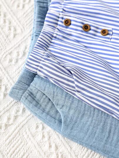 SHEIN 2 مجموعة/ مجموعتان من بودي سوت أزرق وأبيض مخطط وبناطيل أزرق طويل للطفل حديث الولادة جنسين، ملابس يومية مريحة، مناسبة للارتداء الداخلي والخارجي، اليومي، الرياضة، اللعب، الحفلات، التصوير، العطلات، المناسبات، حفلات الزفاف، استحمام الطفل، العماد والعيد