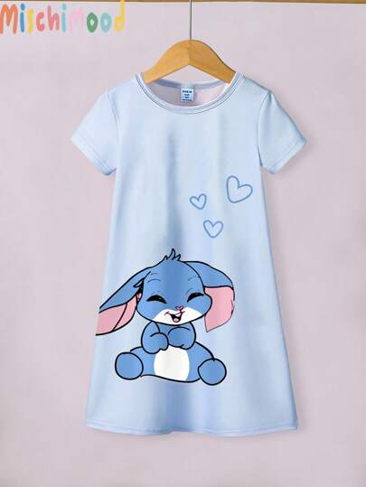 بيجاما ثوب نوم طويل للفتيات الصغيرات مطبوع بطباعة الأرنب، بقصة بسيطة أنيقة ذات أكمام قصيرة وياقة دائرية، قطن مريح للاستخدام الصيفي