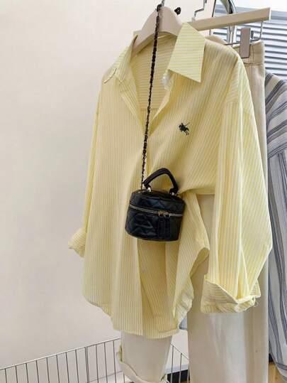 INAWLY قميص بأكمام طويلة ذو طباعة متعددة الخطوط مقاس كبير الحجم