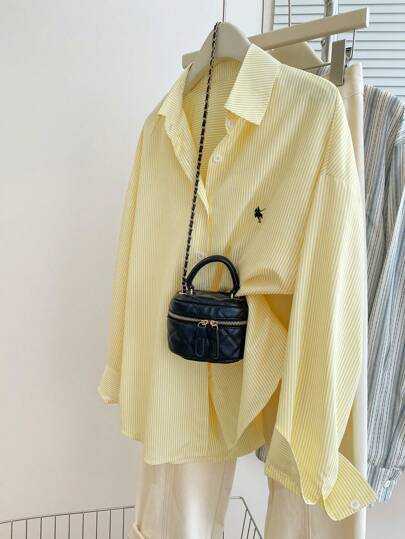 INAWLY قميص بأكمام طويلة ذو طباعة متعددة الخطوط مقاس كبير الحجم