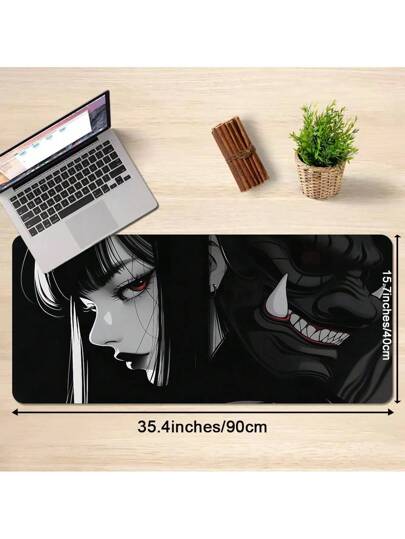 قطعة واحدة سجادة فأرة كمبيوتر كبيرة بتصميم أنمي للبنات والشياطين بتصميم أسود رائع - سميكة, قاعدة مطاطية مضادة للانزلاق, سهلة التنظيف, حواف دقيقة, سجادة مكتبية مستطيلة للاعبين والمكتب, سجادة مكتب جريئة بشخصية محفورة, سطح سهل التنظيف