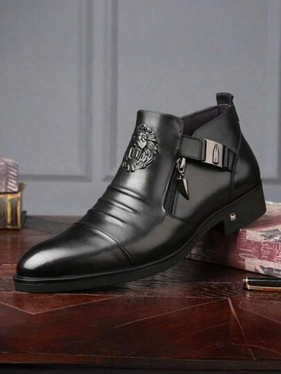 أحذية جلدية كاجوال للرجال بنقشة إبزيم معدني وسحاب جانبي، ذات رؤوس مدببة، مريحة ومتعددة الاستخدامات للمكتب أو النشاطات الخارجية الترفيهية