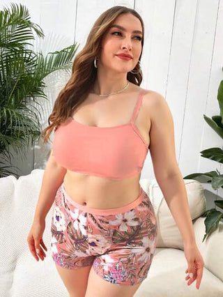 Swim Lushoire ملابس سباحة نسائية ذات قطع ثلاثة بحجم كبير تشمل: توب بنقشة موحد اللون وحمالات قابلة للتعديل، شورت سباحة بخصر عالي ذو طبعة استوائية وغطاء أنيق، ملابس سباحة أنيقة وكاجوال للشاطئ