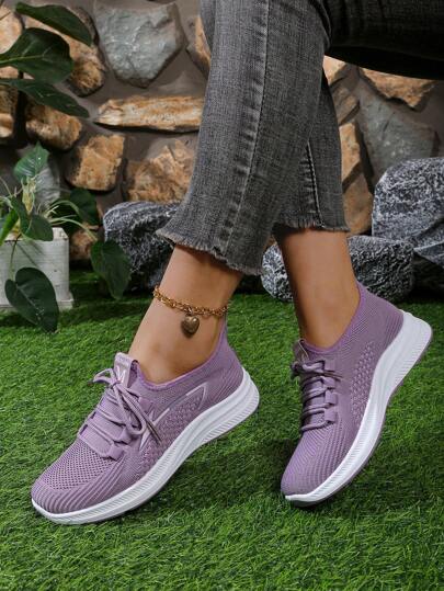 أحذية رياضية نسائية اللون البنفسجي مطبوعة بنقشات معدنية، منسوجة وقابلة للتنفس، مناسبة للمدرسة والعمل والجري والرياضة الخفيفة والتنزه والحفلات والتسوق والتنزه المفترض، أحذية كاجوال بتصميم بسيط