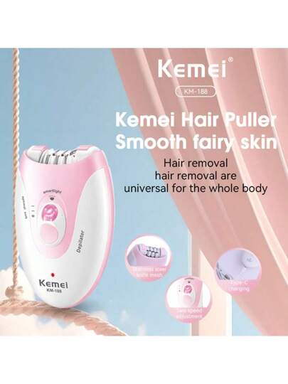 Kemei إبيلاتور KM-188 للنساء بسرعتين وإضاءة LED ، إزالة شعر الوجه المحمول للنساء ، إبيلاتور قابل للتعديل لإزالة شعر الوجه ، إزالة شعر الوجه الناعمة للنساء للوجه والشفاه والذراعين والإبطين والساقين والبكيني ، USB من النوع C