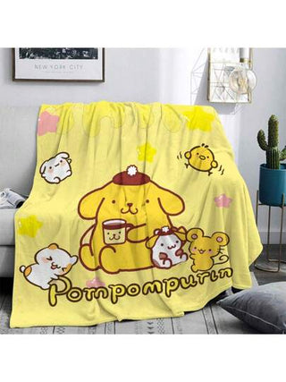 Sanrio بطانية من الفلانيل الناعمة والدافئة ذات طباعة رقمية بشخصية الكرتون المحببة بومبوم بورين ساني ريو، مناسبة للأريكة والسرير والمكتب والغرفة والصالة، هدية عيد الميلاد، مناسبة لجميع الفصول