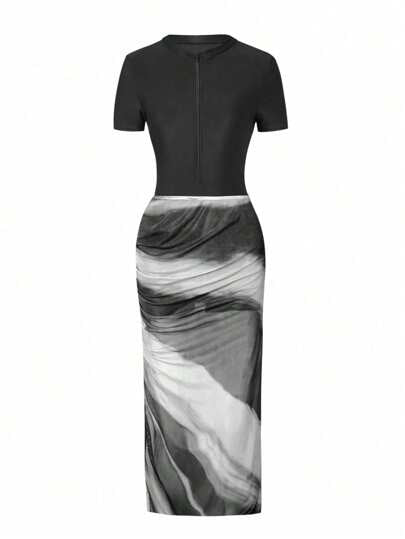 Swim Shayni طقم صيفي للنساء: ملابس علوية تانكيني بأكمام قصيرة وسحاب في الرقبة وشورت ، مع تنورة طويلة مرقعة بالزهور كغطاء , ملابس عطلة وأجازة عفوية