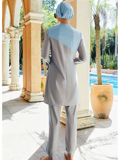 بدلة سباحة شرعية للمرأة المسلمة، طقم مكون من 3 قطع، بألوان رمادي وزهري، يشمل الحجاب والفستان البوركيني ذو الأكمام الطويلة والبنطلون