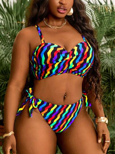 Slaydiva بدلة سباحة نسائية مقاسات كبيرة جديدة من قطعتين مع طبعة موجة على ملابس علوية البدلة والجزء السفلي مربوط الخصر بشكل مثلث