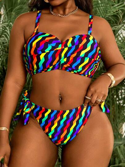 Slaydiva بدلة سباحة نسائية مقاسات كبيرة جديدة من قطعتين مع طبعة موجة على ملابس علوية البدلة والجزء السفلي مربوط الخصر بشكل مثلث