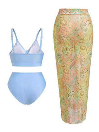 Swim Oasis طقم بيكيني مع غطاء طويل للمرأة حجم كبير بطبعة زهور الكاجو وعقدة حول الرقبة مع زهور معدنية ، حمالة مبطنة ، ملابس شاطئ وسباحة للعطلات