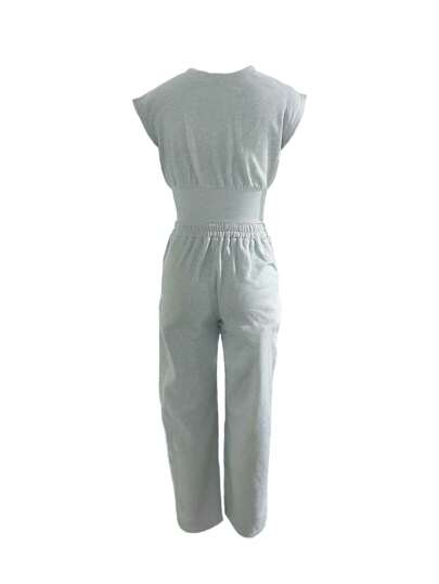 مايوه حريمي قطعة واحدة مجموعة قطعتين للنساء بحجم منتظم: توب بأكمام قصيرة وبنطلون رياضي طويل، بسيطة وعصرية للصيف