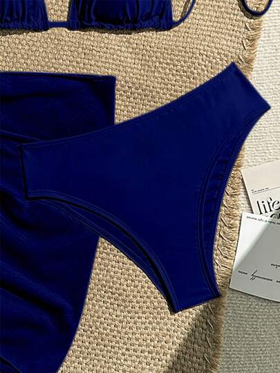 Swim Vcay 3قطع/طقم بيكيني بألوان سادة للشاطئ/عطلة