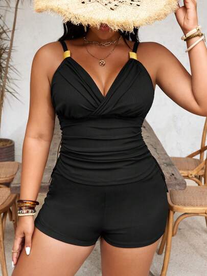 Swim Lushoire مجموعة ملابس سباحة للمرأة البدينة تتكون من ملابس علوية بدون أكمام به سحاب للخصر + بكيني سراويل ساقين مربعة متناسقة، ملابس عصرية حفلات وأحواض السباحة