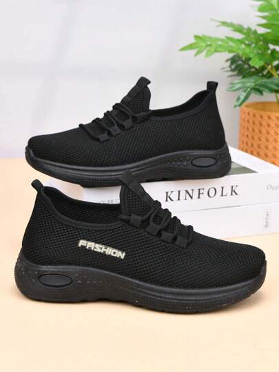 أحذية كاجوال مريحة للنساء، أحذية عمل ناعمة القاع مانعة للانزلاق بلون أسود، أحذية رياضية ذات لون واحد محبوك بنسيج مريح ولمقدمة دائرية، أحذية نفرية مناسبة لجميع المواسم