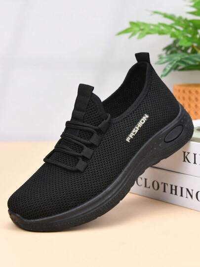 أحذية كاجوال مريحة للنساء، أحذية عمل ناعمة القاع مانعة للانزلاق بلون أسود، أحذية رياضية ذات لون واحد محبوك بنسيج مريح ولمقدمة دائرية، أحذية نفرية مناسبة لجميع المواسم