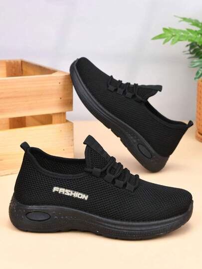 أحذية كاجوال مريحة للنساء، أحذية عمل ناعمة القاع مانعة للانزلاق بلون أسود، أحذية رياضية ذات لون واحد محبوك بنسيج مريح ولمقدمة دائرية، أحذية نفرية مناسبة لجميع المواسم