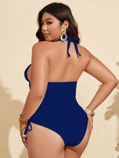 Swim Lushoire بدلة سباحة لحجم كبير مكونة من قطعتين، من قماش خاص مزينة بإكسسوارات اللؤلؤ، ذات ياقة على شكل حرف V عميق، حمالة قابلة للإزالة، سروال ضيق خصر مرتفع ومربوط بخيط، مظهر أنيق وممشق، للاستخدام اليومي والشواطئ