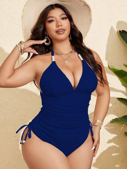 Swim Lushoire بدلة سباحة لحجم كبير مكونة من قطعتين، من قماش خاص مزينة بإكسسوارات اللؤلؤ، ذات ياقة على شكل حرف V عميق، حمالة قابلة للإزالة، سروال ضيق خصر مرتفع ومربوط بخيط، مظهر أنيق وممشق، للاستخدام اليومي والشواطئ