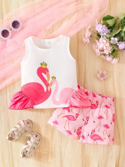 مجموعة قمصان وشورتات مكونة من قطعتين للبنات الصغيرات، ملابس علوية أكمام بدون بطبعة البطريق وبرشات، وشورت صيفي