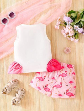 مجموعة قمصان وشورتات مكونة من قطعتين للبنات الصغيرات، ملابس علوية أكمام بدون بطبعة البطريق وبرشات، وشورت صيفي