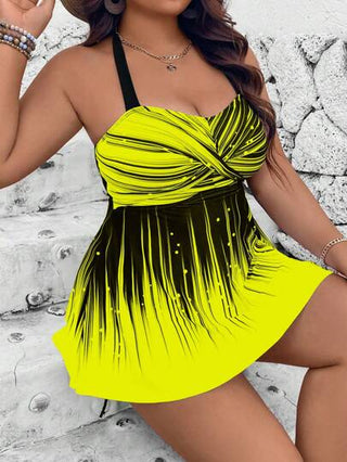 Swim Lushoire طقم مقاس كبير مكون من 2 قطعة: توب مطبوع، شورت عالي الخصر أحادي اللون، توب دشداشة مع تفاصيل متقاطعة أمامية، مريح وبأسلوب كاجوال لإطلالة بمظهر البكيني