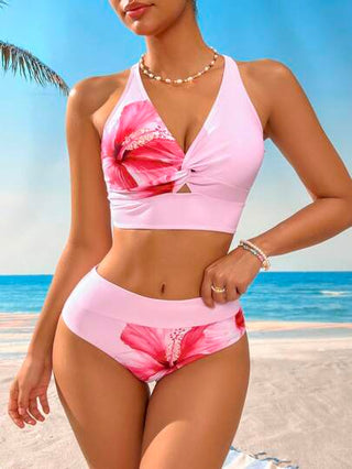 طقم تانكيني حريمي Swim Vcay مجموعة بكيني وتوب كامي مطبوع بطبعة زهور الهاواي للنساء ، ملابس لإطلالة العطلة الشاطئية