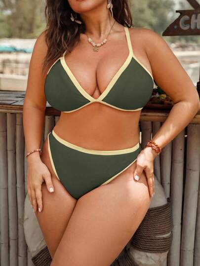 Swim Mod مجموعة بكيني للنساء ذوات المقاسات الكبيرة، قطعتان باللون المقسوم، صدرية مثلثة بحمالات رفيعة، بخصلة جانبية مثيرة، للاستخدام في العطلات والشاطئ
