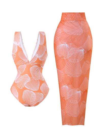 Swim Oasis قطعة واحدة من البدلة السباحة المطبوعة بالصدفة ذات المقاس الكبير مع زخرفة معدنية بتصميم صدفة، تصميم أنيق ومبسط للشاطئ والصيف والرحلات إلى إيبيزا