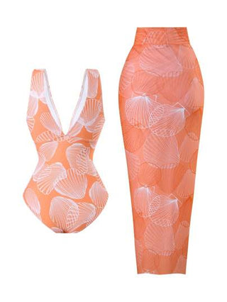 Swim Oasis قطعة واحدة من البدلة السباحة المطبوعة بالصدفة ذات المقاس الكبير مع زخرفة معدنية بتصميم صدفة، تصميم أنيق ومبسط للشاطئ والصيف والرحلات إلى إيبيزا