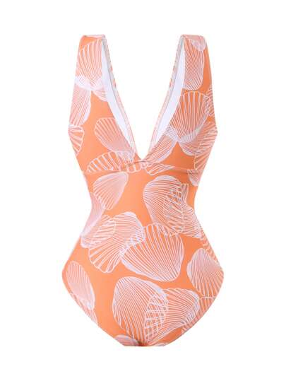 Swim Oasis قطعة واحدة من البدلة السباحة المطبوعة بالصدفة ذات المقاس الكبير مع زخرفة معدنية بتصميم صدفة، تصميم أنيق ومبسط للشاطئ والصيف والرحلات إلى إيبيزا