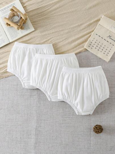 SHEIN 3 قطعة/مجموعة بناطيل فتيات رضع وأطفال صغار من 0-3 سنوات، بنطلونات ولباس داخلي و شورت في ألوان سادة متناسقة منسوجة ضيقة للربيع والصيف