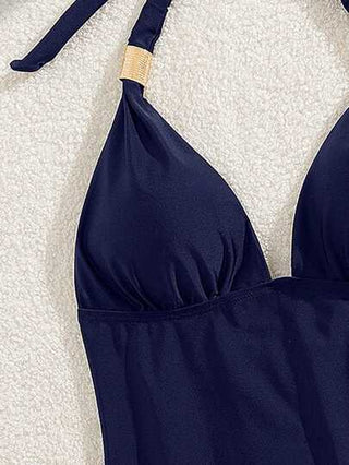 طقم تانكيني حريمي Swim Basics مجموعة بكينى نسائية تشمل 2 قطعة - ملابس علوية بلانج أسود أنيق بدون ظهر وسروال بخطوط ذهبية، مناسب للشاطئ