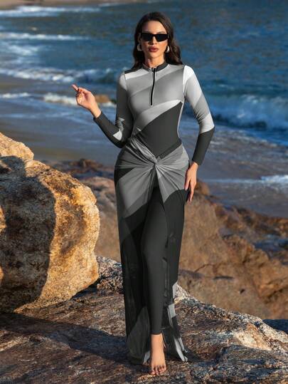 Swim Shayni مجموعة من 3 قطع غطاء الشاطئ ، ملابس علوية بكيني مطبوع بطريقة توزيع الألوان أنيقة وتنورة ماكسي، ملابس سباحة إسلامية عربية للصيف