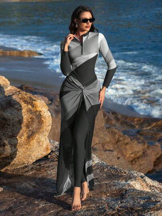 Swim Shayni مجموعة من 3 قطع غطاء الشاطئ ، ملابس علوية بكيني مطبوع بطريقة توزيع الألوان أنيقة وتنورة ماكسي، ملابس سباحة إسلامية عربية للصيف